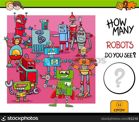 Cartoon Illustration of Educational Counting Activity Game for Children with Robot Fantasy Characters