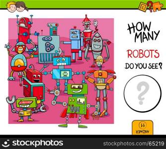 Cartoon Illustration of Educational Counting Activity Game for Children with Robot Fantasy Characters