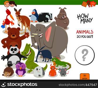 Cartoon Illustration of Educational Counting Activity Game for Children with Wild Animal Characters