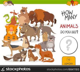 Cartoon Illustration of Educational Counting Activity Game for Kids with Cute Wild Animal Characters