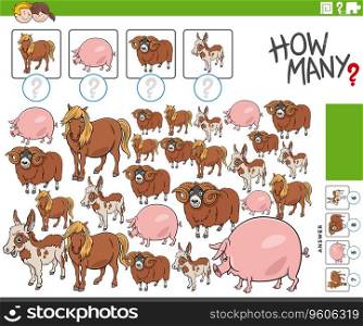 Cartoon illustration of educational counting activity with farm animal characters