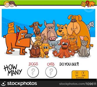 Cartoon Illustration of Educational Counting Game for Children with Cats and Dogs Domestic Animals Funny Characters Group