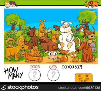 Cartoon Illustration of Educational Counting Game for Children with Cats and Dogs Animal Characters Group in the Park