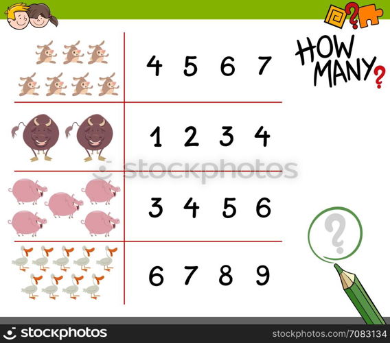 Cartoon Illustration of Educational Counting Game for Children with Cute Farm Animals