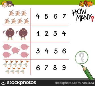 Cartoon Illustration of Educational Counting Game for Children with Cute Farm Animals
