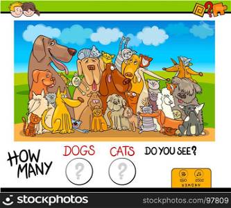 Cartoon Illustration of Educational Counting Game for Children with Dogs and Cats Animal Characters