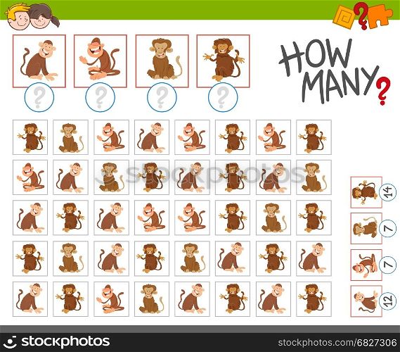 Cartoon Illustration of Educational Counting Game for Children with Monkey Characters