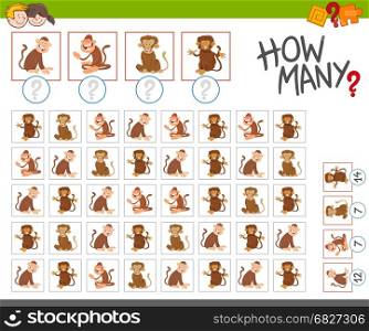 Cartoon Illustration of Educational Counting Game for Children with Monkey Characters
