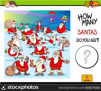 Cartoon Illustration of Educational Counting Game for Children with Santa Claus Christmas Characters