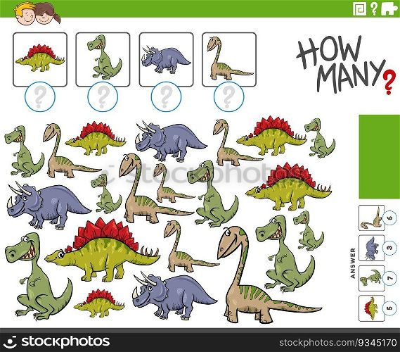 Cartoon illustration of educational counting game with dinosaurs prehistoric animal characters