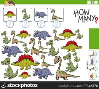 Cartoon illustration of educational counting game with dinosaurs prehistoric animal characters