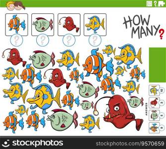 Cartoon illustration of educational counting game with fish animal characters