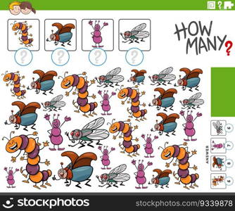 Cartoon illustration of educational counting game with insects animal characters