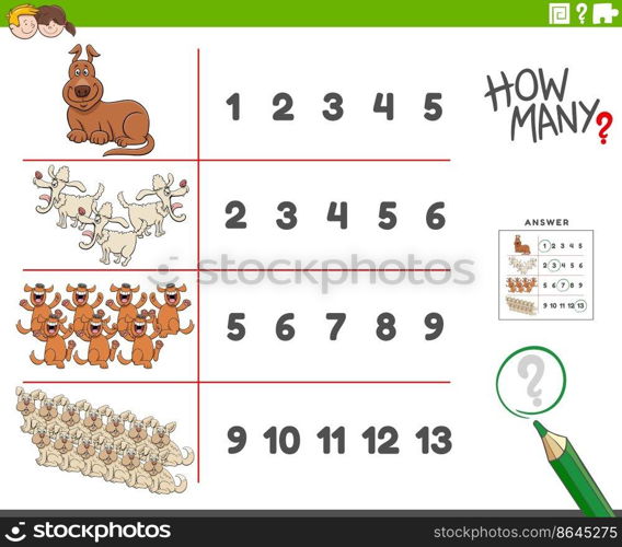 Cartoon illustration of educational counting task for children with comic dogs animal characters