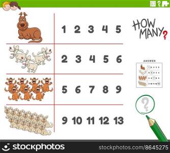 Cartoon illustration of educational counting task for children with comic dogs animal characters