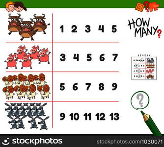 Cartoon Illustration of Educational Counting Task for Children with Funny Farm Animal Characters