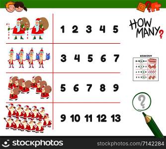 Cartoon Illustration of Educational Counting Task for Children with Funny Santa Claus Christmas Characters