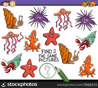 Cartoon Illustration of Educational Game for Preschool Children with Sea Life Animals