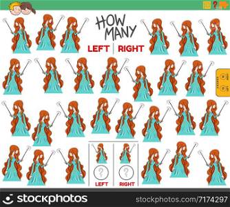 Cartoon Illustration of Educational Game of Counting Left and Right Oriented Pictures of Young Witch Fantasy Character