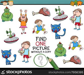 Cartoon Illustration of Educational Game of Finding Single Picture without a Copy for Preschool Children