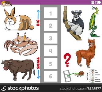 Cartoon illustration of educational game of finding the biggest and the smallest animal species with comic characters