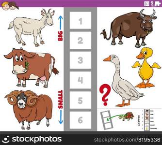 Cartoon illustration of educational game of finding the biggest and the smallest animal species with comic characters