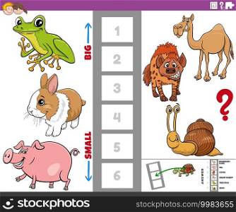 Cartoon illustration of educational game of finding the biggest and the smallest animal species with funny characters for children