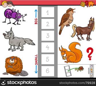 Cartoon Illustration of Educational Game of Finding the Biggest and the Smallest Animal Characters