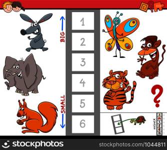 Cartoon Illustration of Educational Game of Finding the Largest and the Smallest Creature with Animal Characters for Children