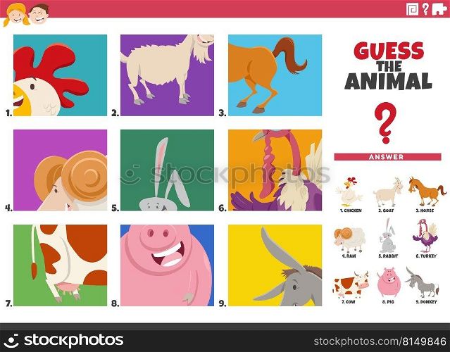 Cartoon illustration of educational game of guessing animal species activity for children