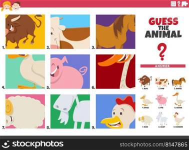 Cartoon illustration of educational game of guessing animal species for children