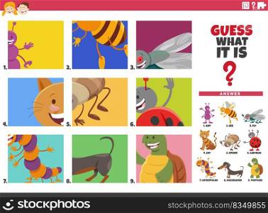 Cartoon illustration of educational game of guessing animals for children