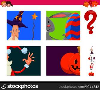 Cartoon Illustration of Educational Game of Guessing Fantasy and Holiday Characters for Children