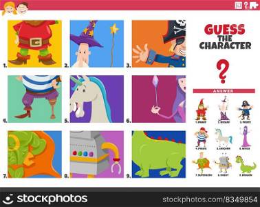 Cartoon illustration of educational game of guessing fantasy characters for children