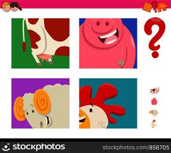 Cartoon Illustration of Educational Game of Guessing Farm Animals Species for Kids