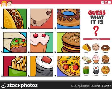 Cartoon illustration of educational game of guessing food objects for children