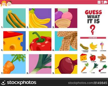 Cartoon illustration of educational game of guessing food objects for children