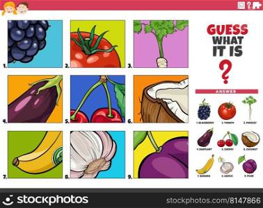 Cartoon illustration of educational game of guessing fruits and vegetables food objects for children