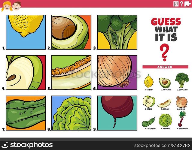 Cartoon illustration of educational game of guessing fruits and vegetables for children