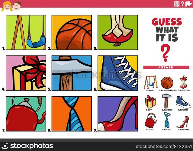 Cartoon illustration of educational game of guessing objects activity for children