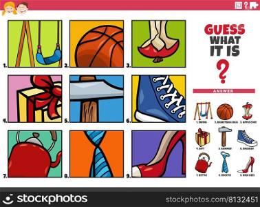 Cartoon illustration of educational game of guessing objects activity for children