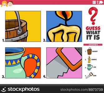 Cartoon illustration of educational game of guessing the objects for children