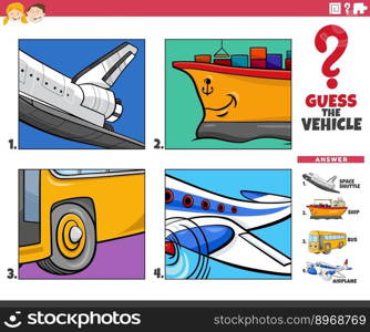 Cartoon illustration of educational game of guessing the transport vehicle for children