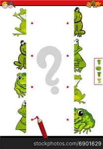 Cartoon Illustration of Educational Game of Matching Halves of Frogs Animal Characters