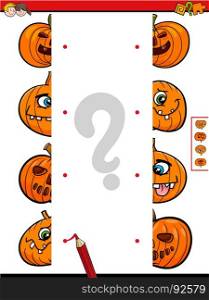 Cartoon Illustration of Educational Game of Matching Halves of Jack Lantern Characters
