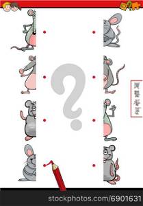 Cartoon Illustration of Educational Game of Matching Halves of Mice Animal Characters