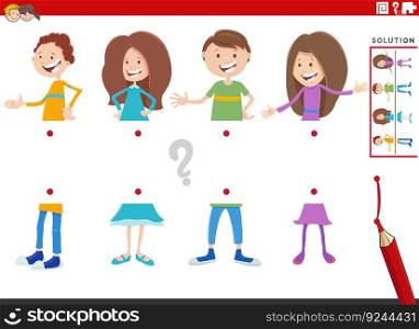 Cartoon illustration of educational game of matching halves of pictures with children characters