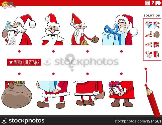 Cartoon illustration of educational game of matching halves of pictures with comic Santa Claus Christmas characters