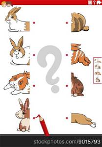 Cartoon illustration of educational game of matching halves of pictures with comic rabbits