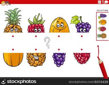 Cartoon illustration of educational game of matching halves of pictures with fruit characters